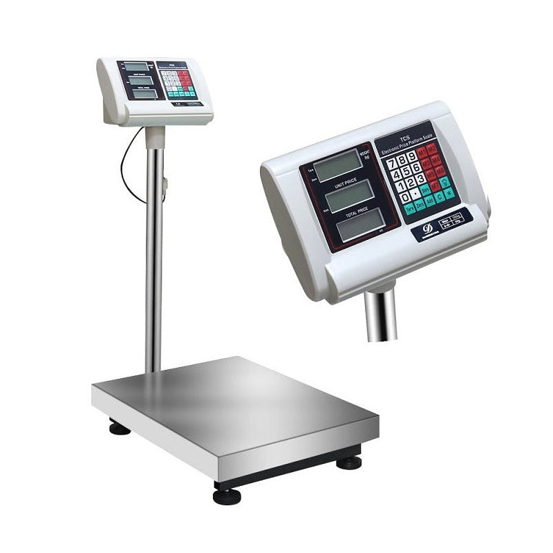 Digital platform scale showing silver stainless steel platform