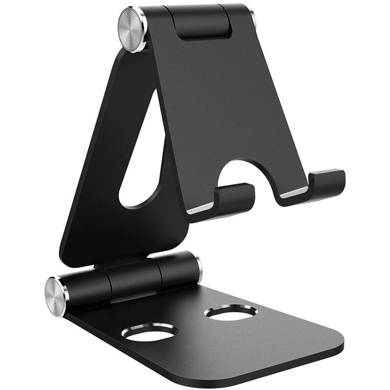 Foldable aluminium tablet stand in black showing front angle