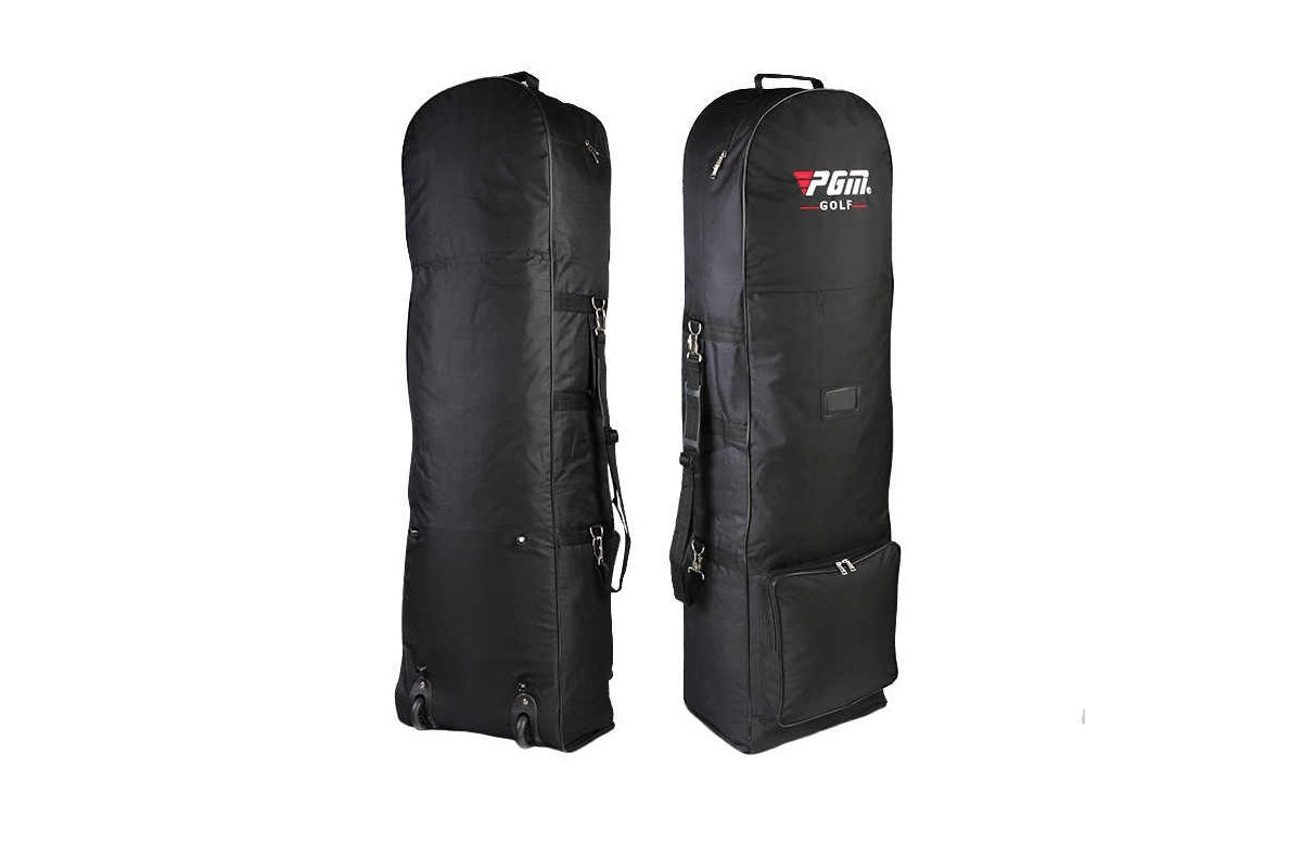 Side angle of golf travel bag with wheels showing pull handle