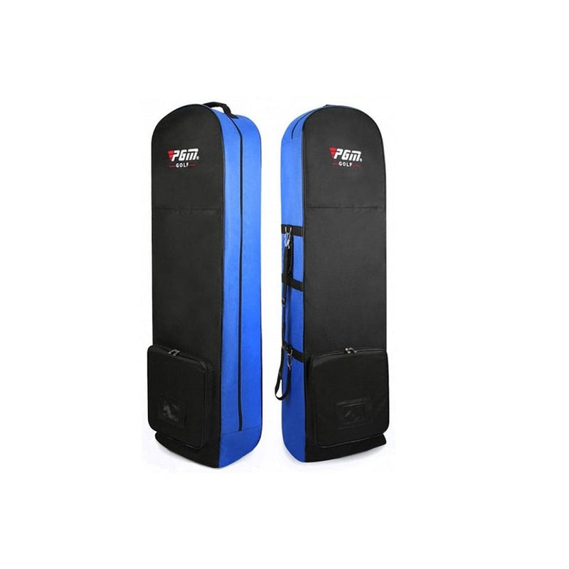 Golf travel bag with wheels in black and blue nylon material