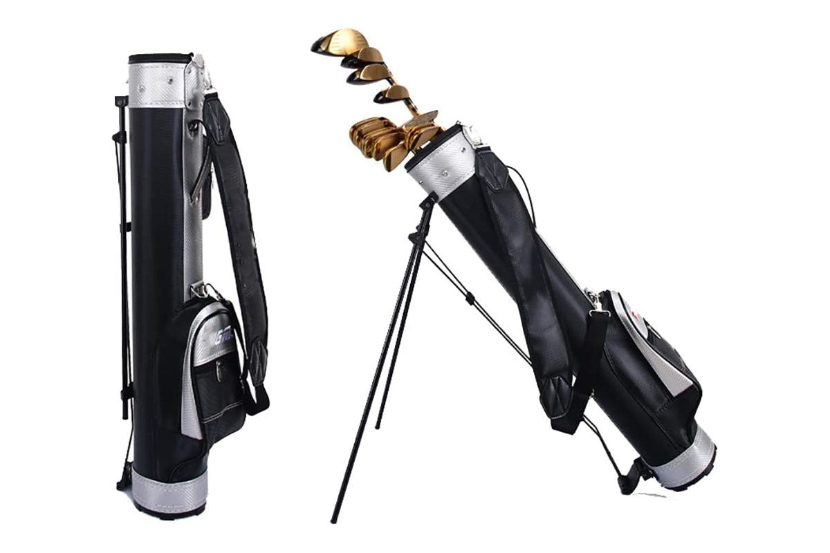 Side view of golf travel bag with stable three-legged stand