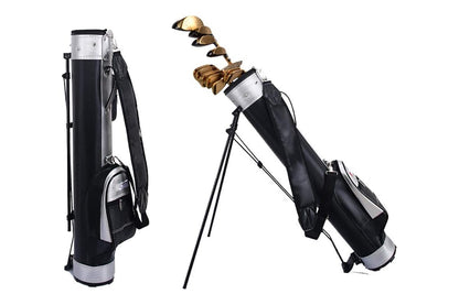 Side view of golf travel bag with stable three-legged stand
