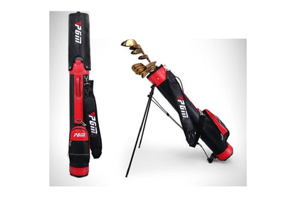 Side view of golf travel bag with stable three-legged stand