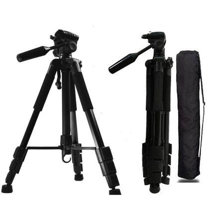 Camera tripod with carry bag showing full height in black aluminium