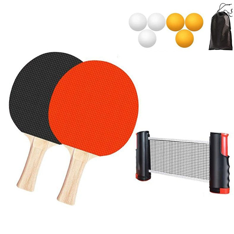 Table tennis racket bat set with retractable net attached to table