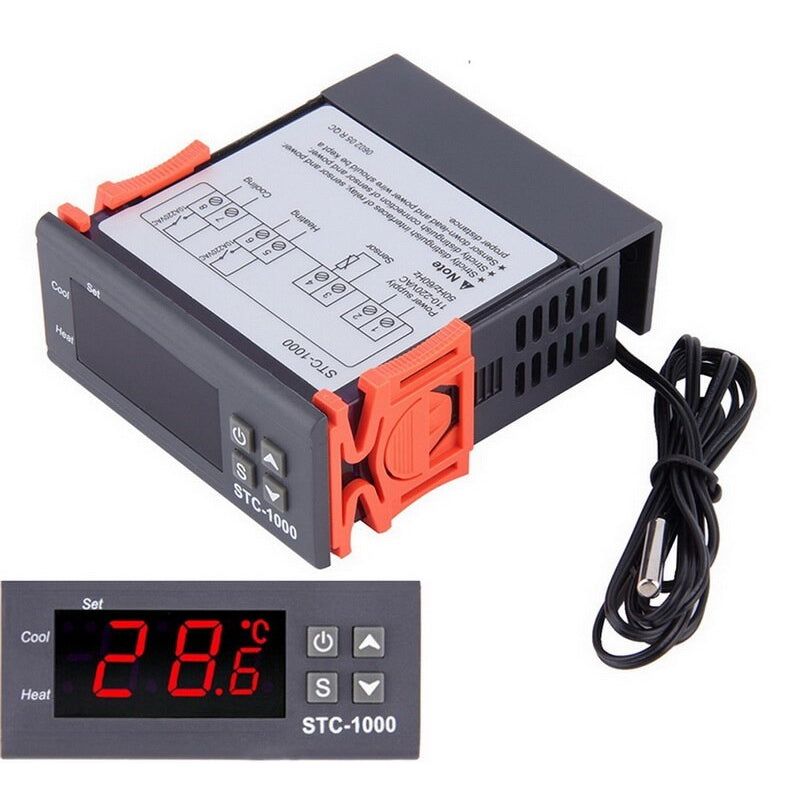 Temperature controller STC1000 front view with black plastic housing