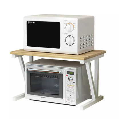 Microwave shelf rack stand cream metal front view with two tiers