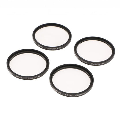 Top angle of 52mm close up macro lens filter set in carry pouch