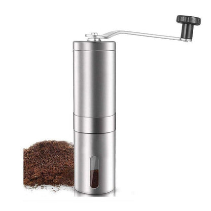 Manual coffee bean grinder showing stainless steel body