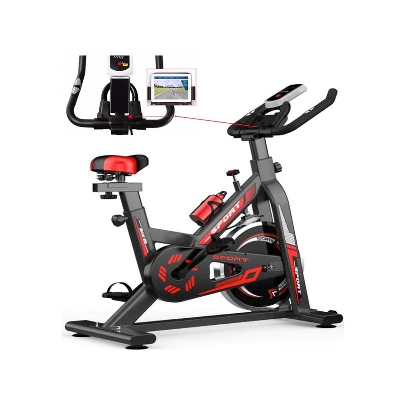 Exercise bike side view showing black steel frame