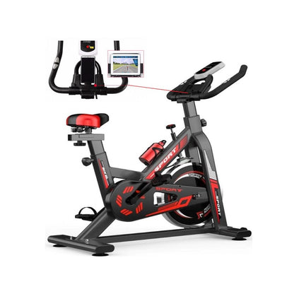 Exercise bike side view showing black steel frame