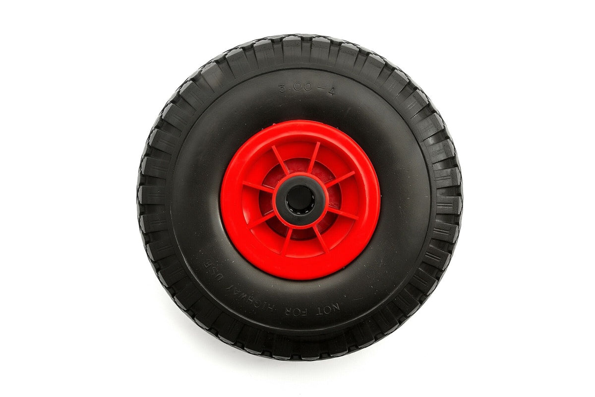 Close up of red polyurethane tyre on go cart wheel