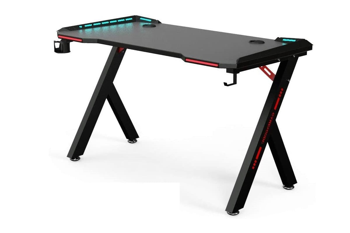 Side angle of gaming desk showing R-shape frame