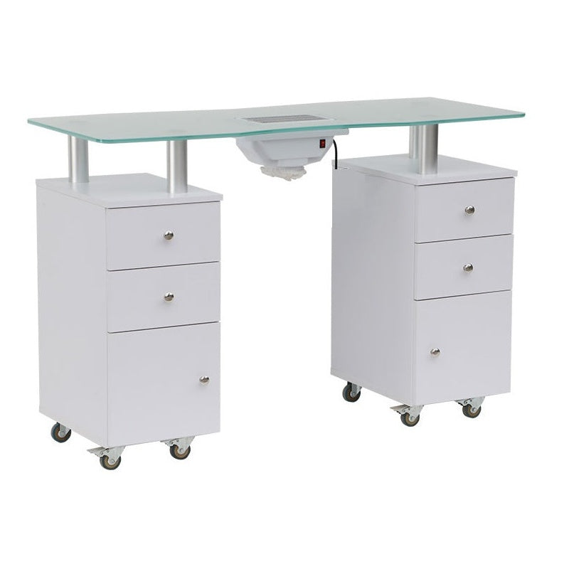 Manicure table with fan showing white MDF body and storage drawers