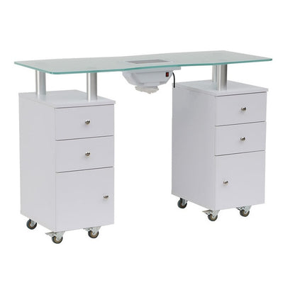 Manicure table with fan showing white MDF body and storage drawers
