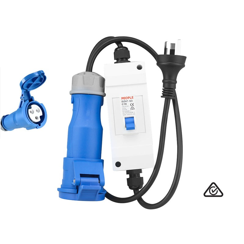 Caravan extension cable adaptor showing 16 amp female plug
