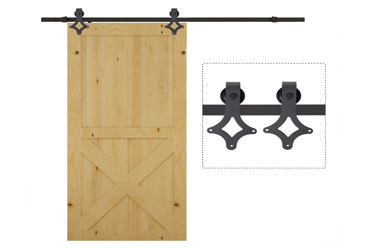 Close up of barn door hardware steel hanger and roller arm