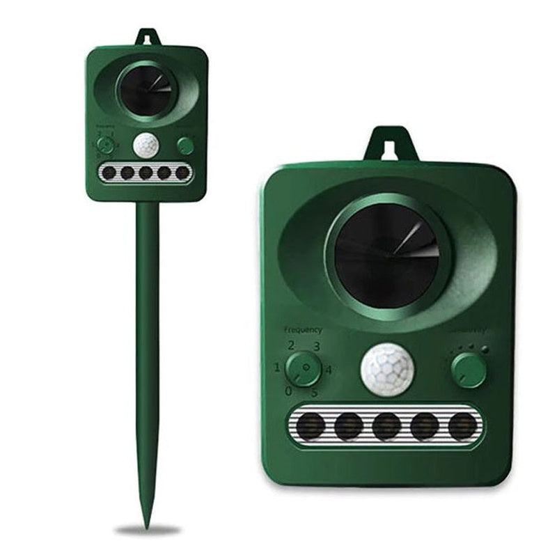 Animal repeller ultrasonic solar powered front view showing sensor