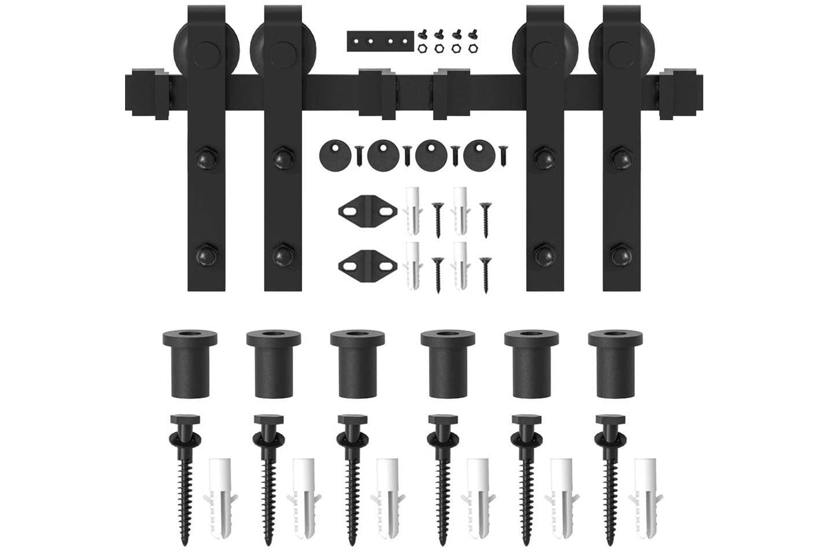 Sliding barn door hardware showing double-layer roller design