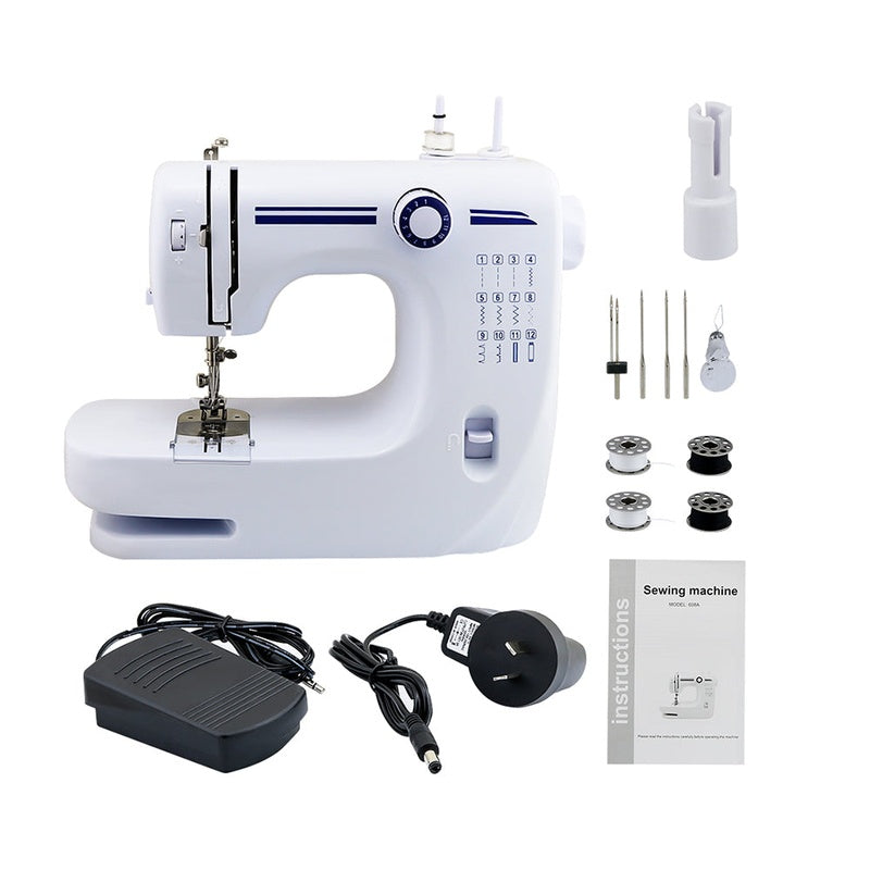 Multi-function sewing machine dual front view showing white body