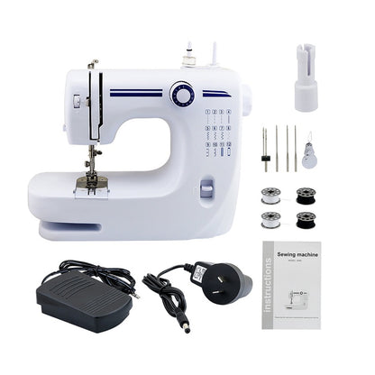 Multi-function sewing machine dual front view showing white body