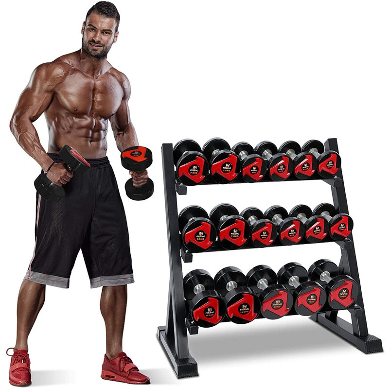 Dumbbell rack showing full 3-tier steel frame in dark colour