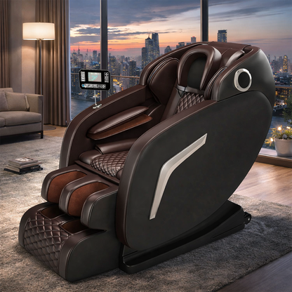 User sitting comfortably in massage chair with remote