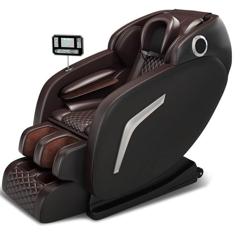 Full body massage chair in black leather from front angle