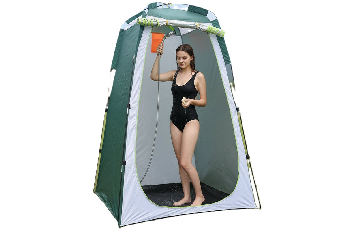 Side view of camping shower tent showing pop-up design