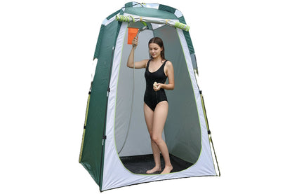 Side view of camping shower tent showing pop-up design