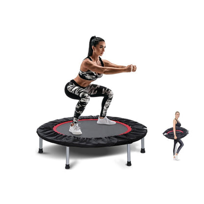 Trampoline mini foldable rebounder showing black and red fabric