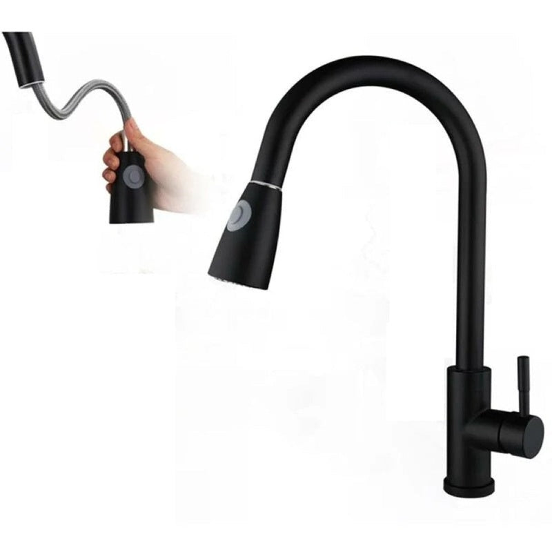 Kitchen faucet sink mixer tap showing metal finish and pull-out sprayer