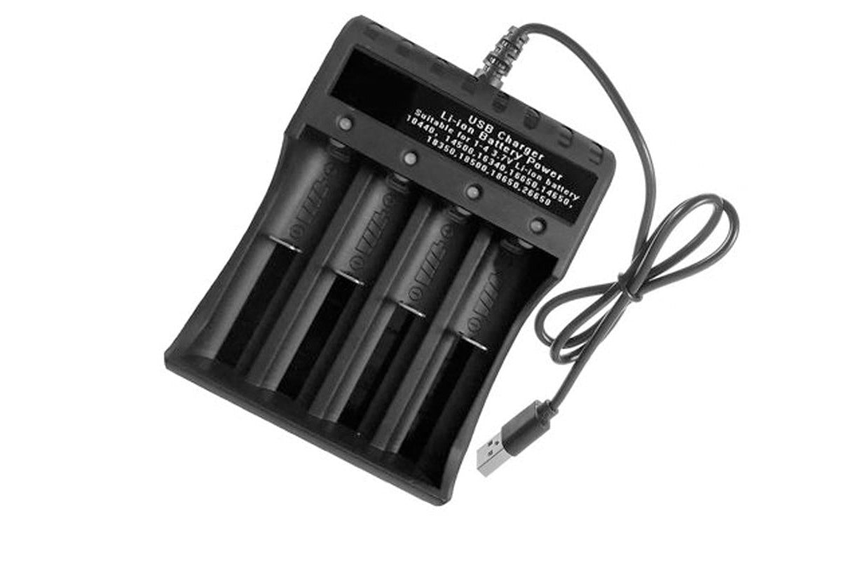 Black 18650 battery charger with four slots for AA and AAA batteries