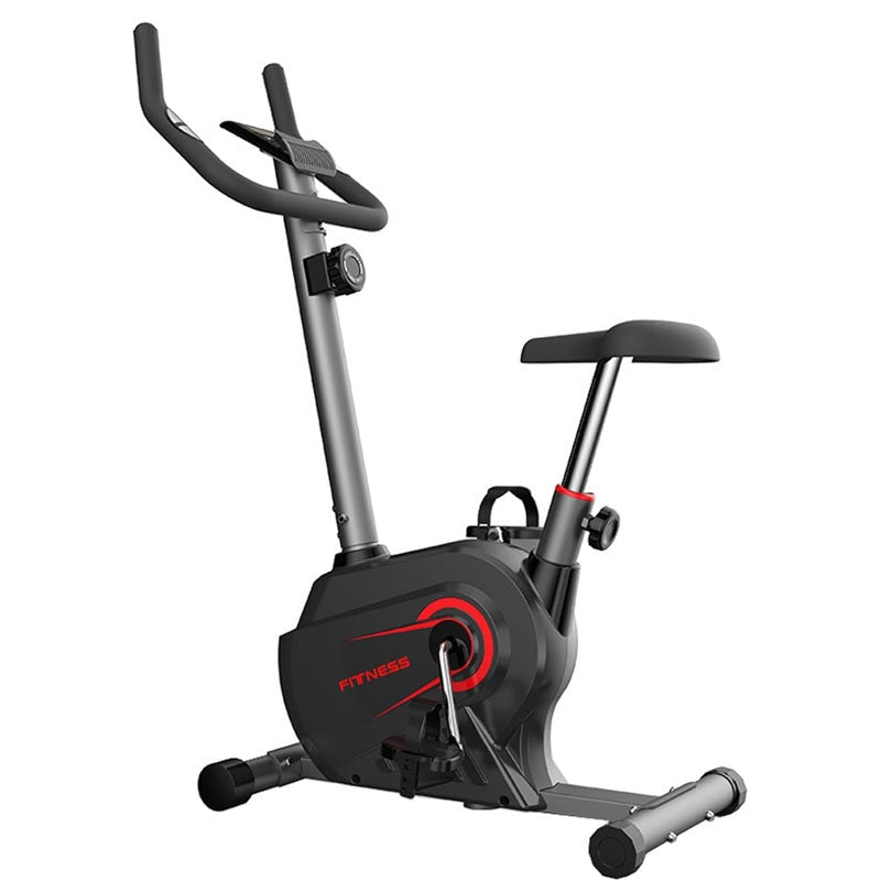 Exercise bike upright view showing steel frame and pedals