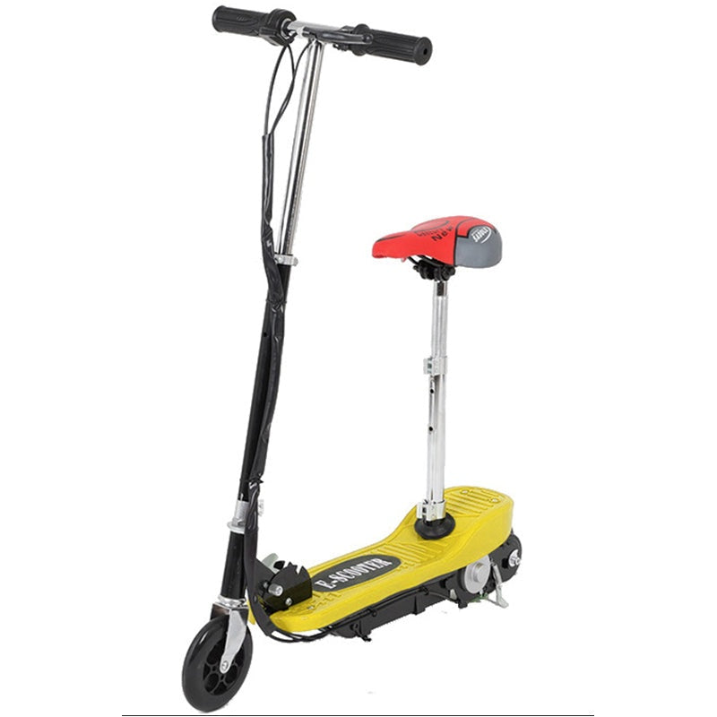 Kids electric scooter with chair side view showing foldable aluminium frame