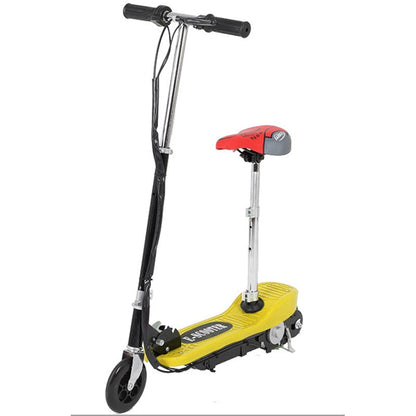 Kids electric scooter with chair side view showing foldable aluminium frame