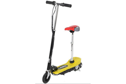 Close up of kids electric scooter with chair padded seat in black colour