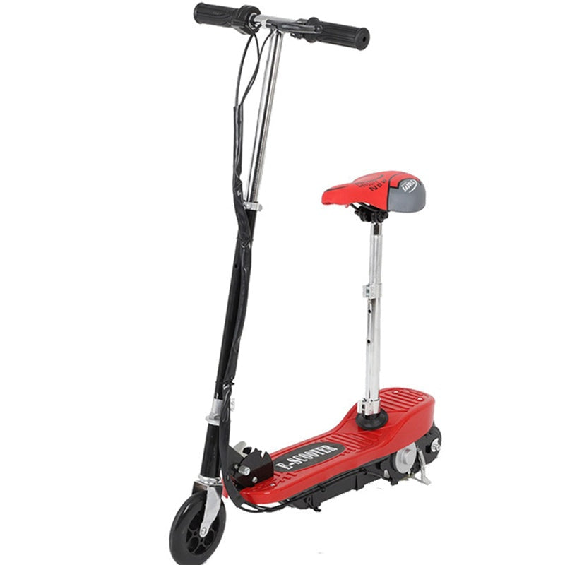 Kids electric scooter with chair side view showing foldable frame