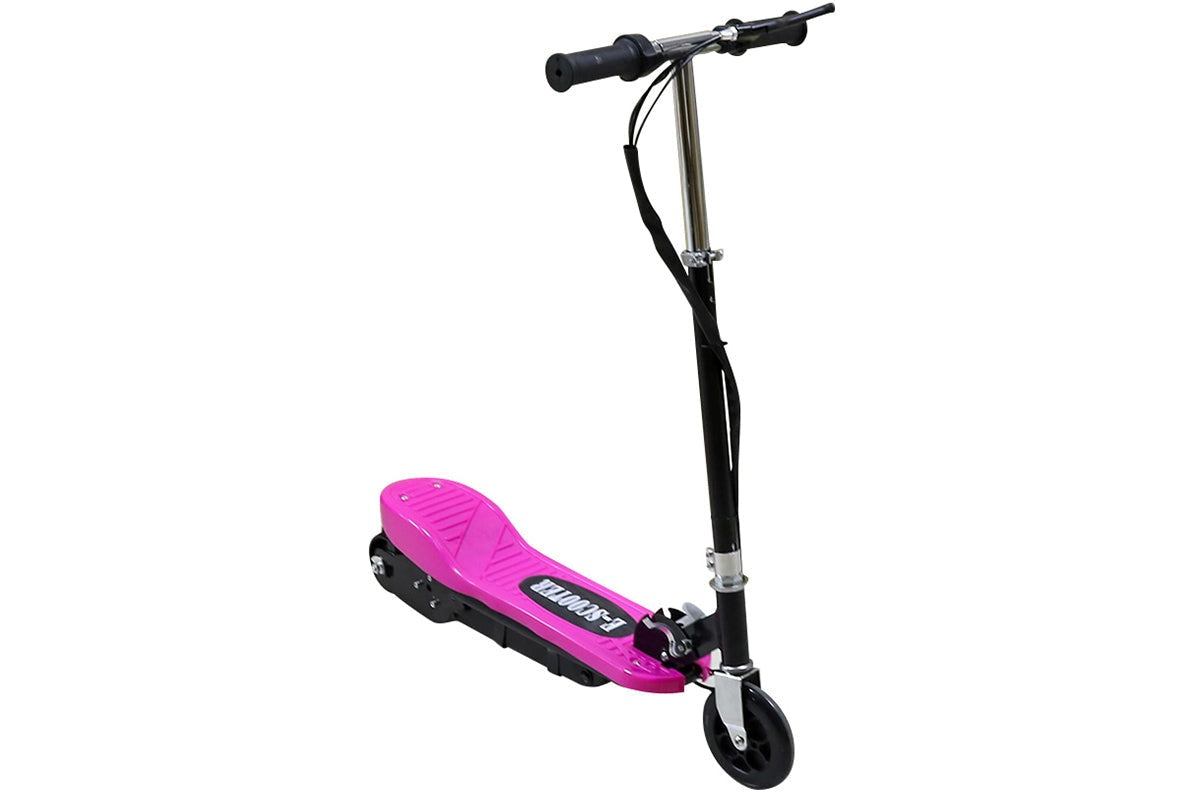Close up of pink kids electric scooter handle and brake line