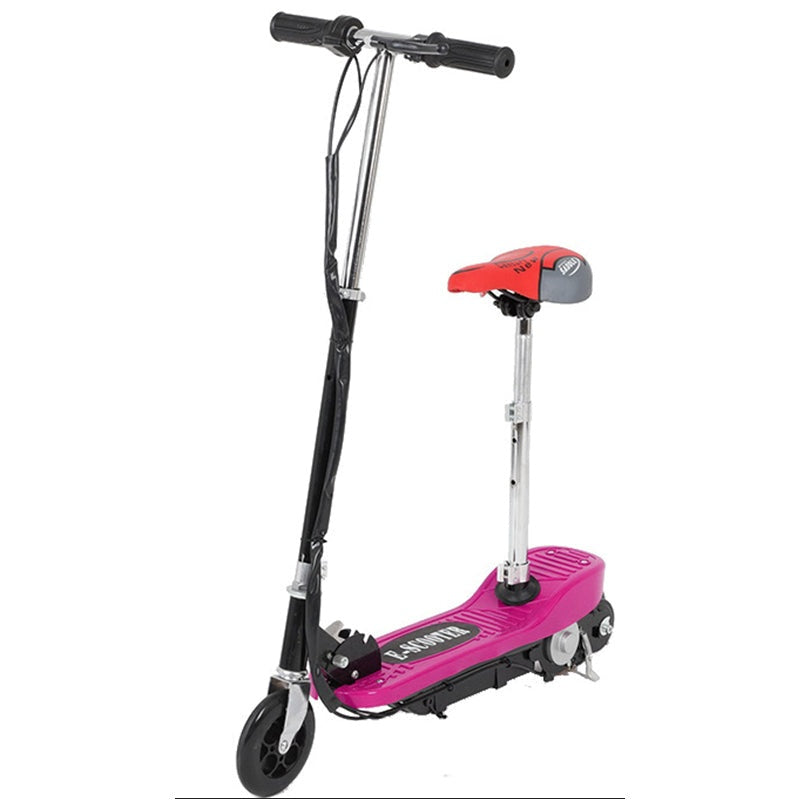 Kids electric scooter with chair side view showing foldable frame