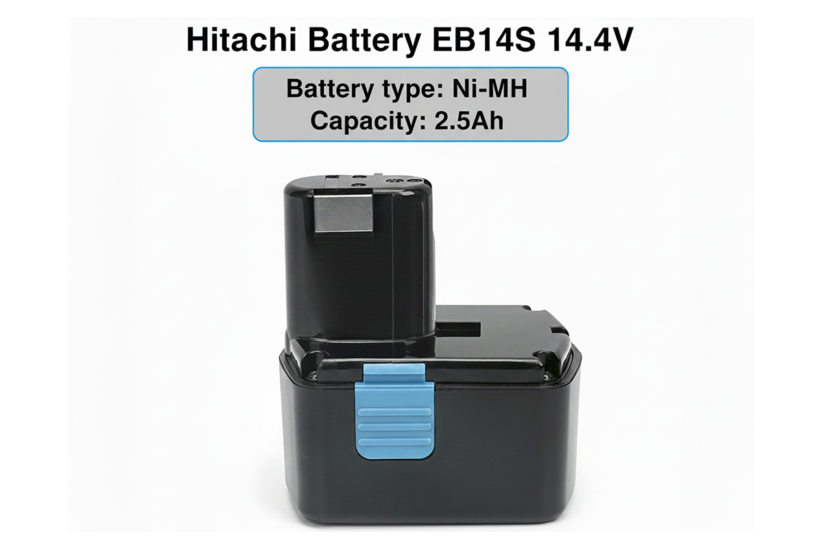 Side angle of Hitachi 144V lithium-ion battery in black casing