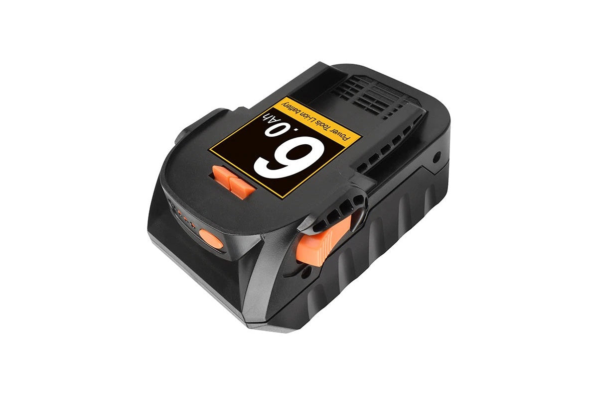 Side angle of AEG 18V 6AH replacement battery showing label