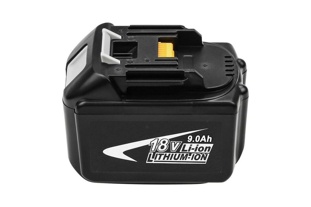 Side angle of Makita 18V 9AH lithium ion battery in black casing
