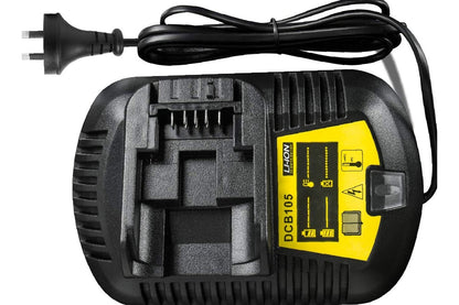 Side angle of Dewalt tool charger replacement in black plastic