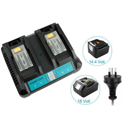 Makita battery charger dual port front view with LED indicators