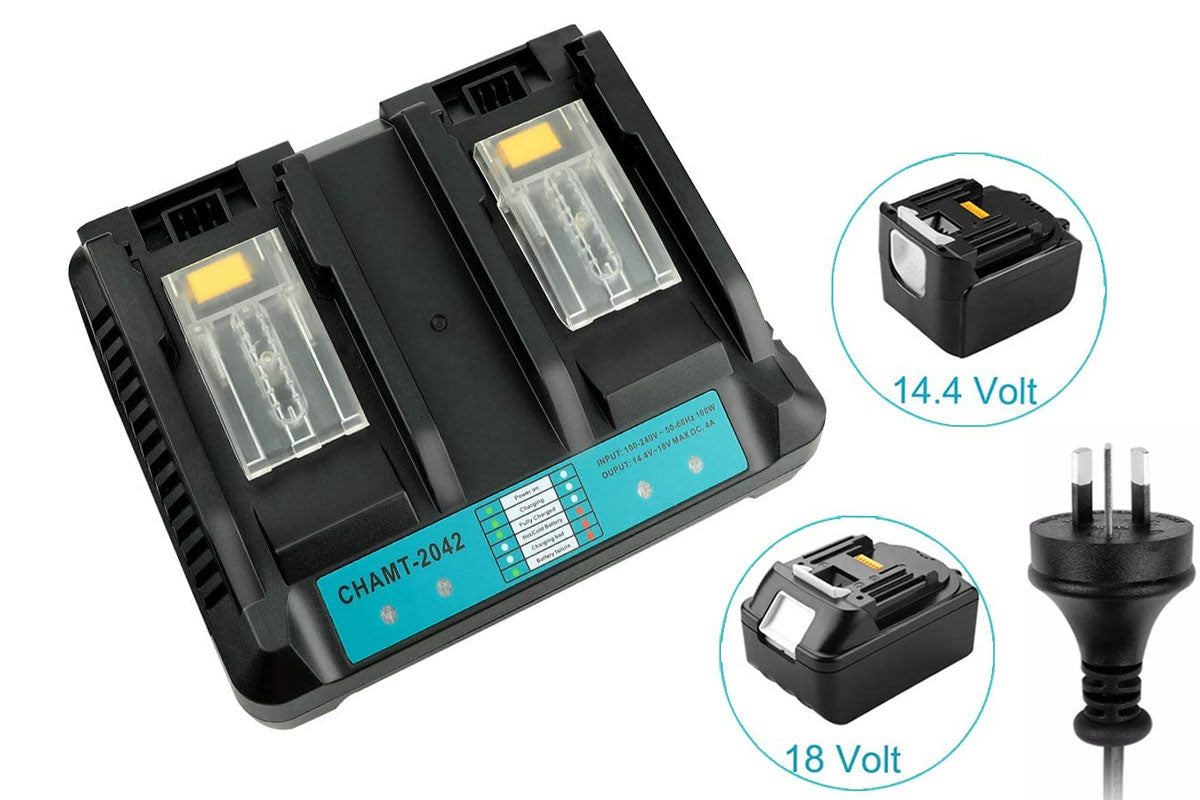 Makita dual port charger with batteries inserted and charging