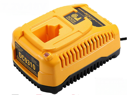 Close-up of Dewalt DC9310 charger label with voltage details