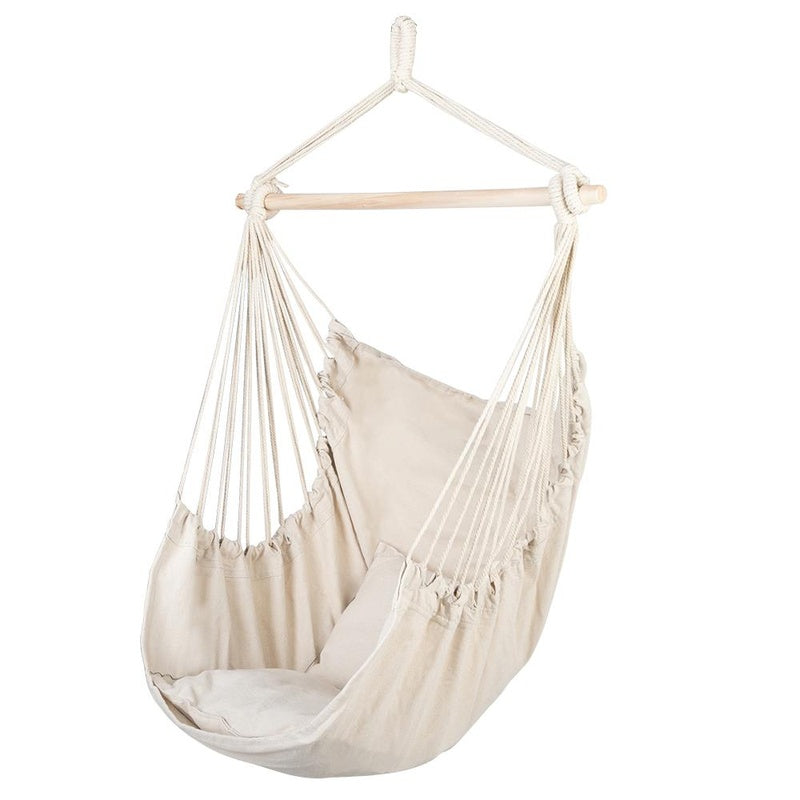 Hammock hanging chair in white canvas showing full front view