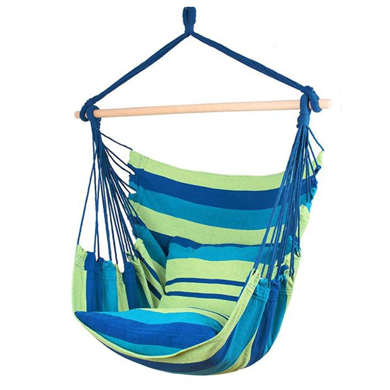 Hammock hanging chair in cream canvas rope from front angle