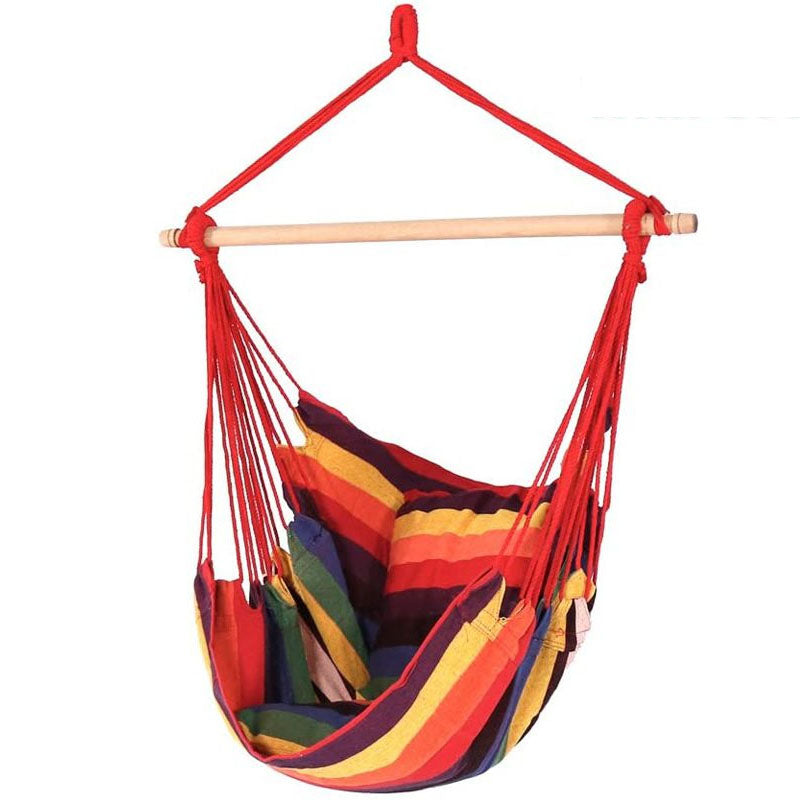 Hammock hanging chair in rainbow canvas showing full seat